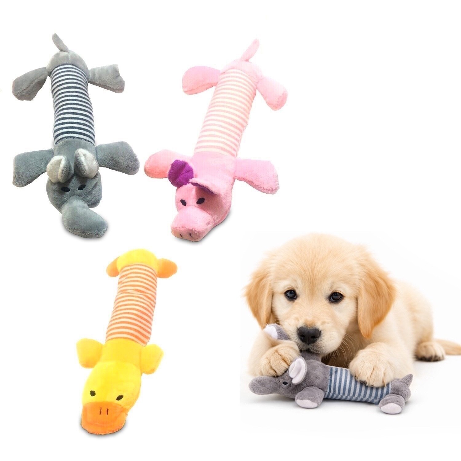 Plush Dog Chew Toys Bundle: Duck, Pig, Elephant Squeaky Toys...