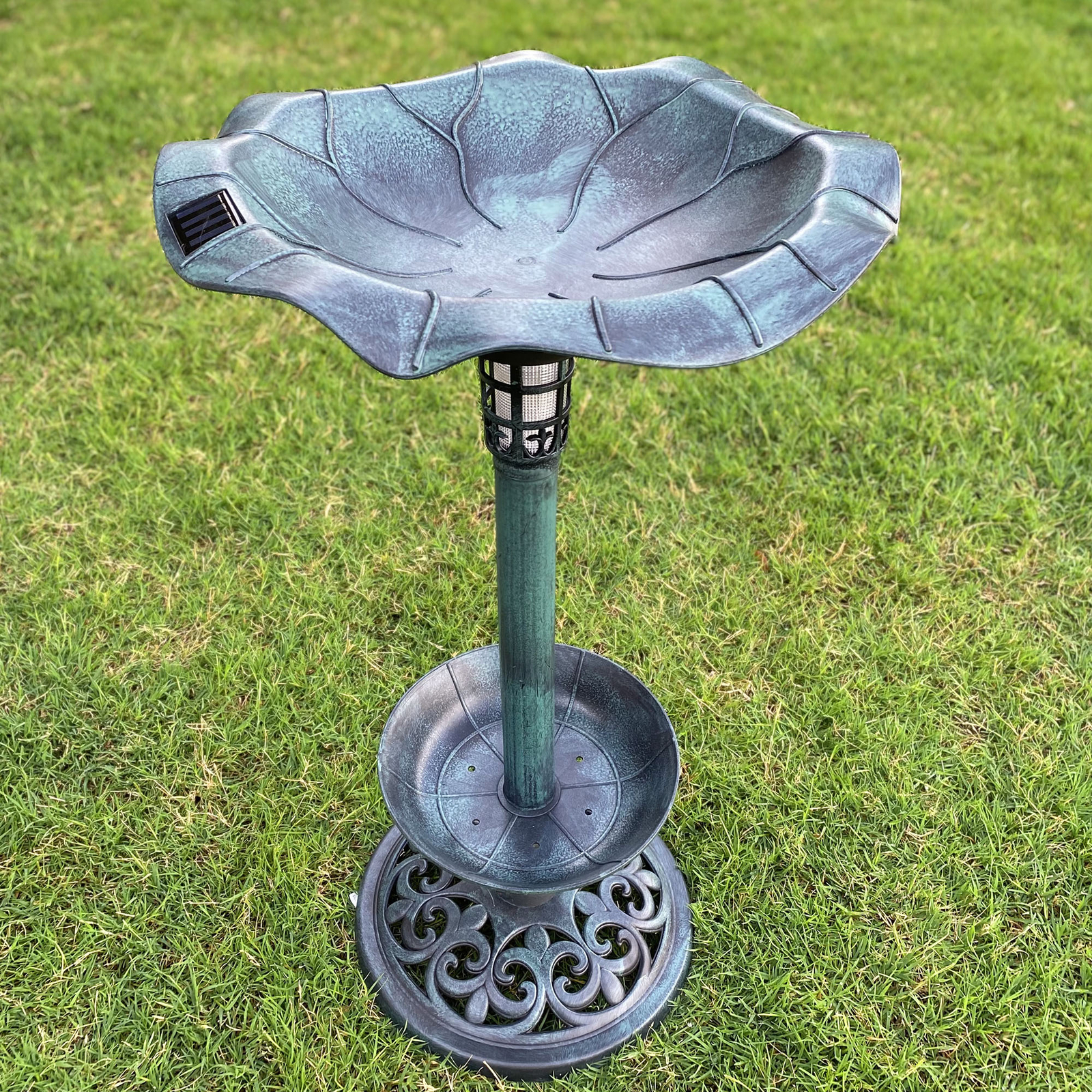Solar Lighted Bird Bath With Planter Bowl - Verdigris Green