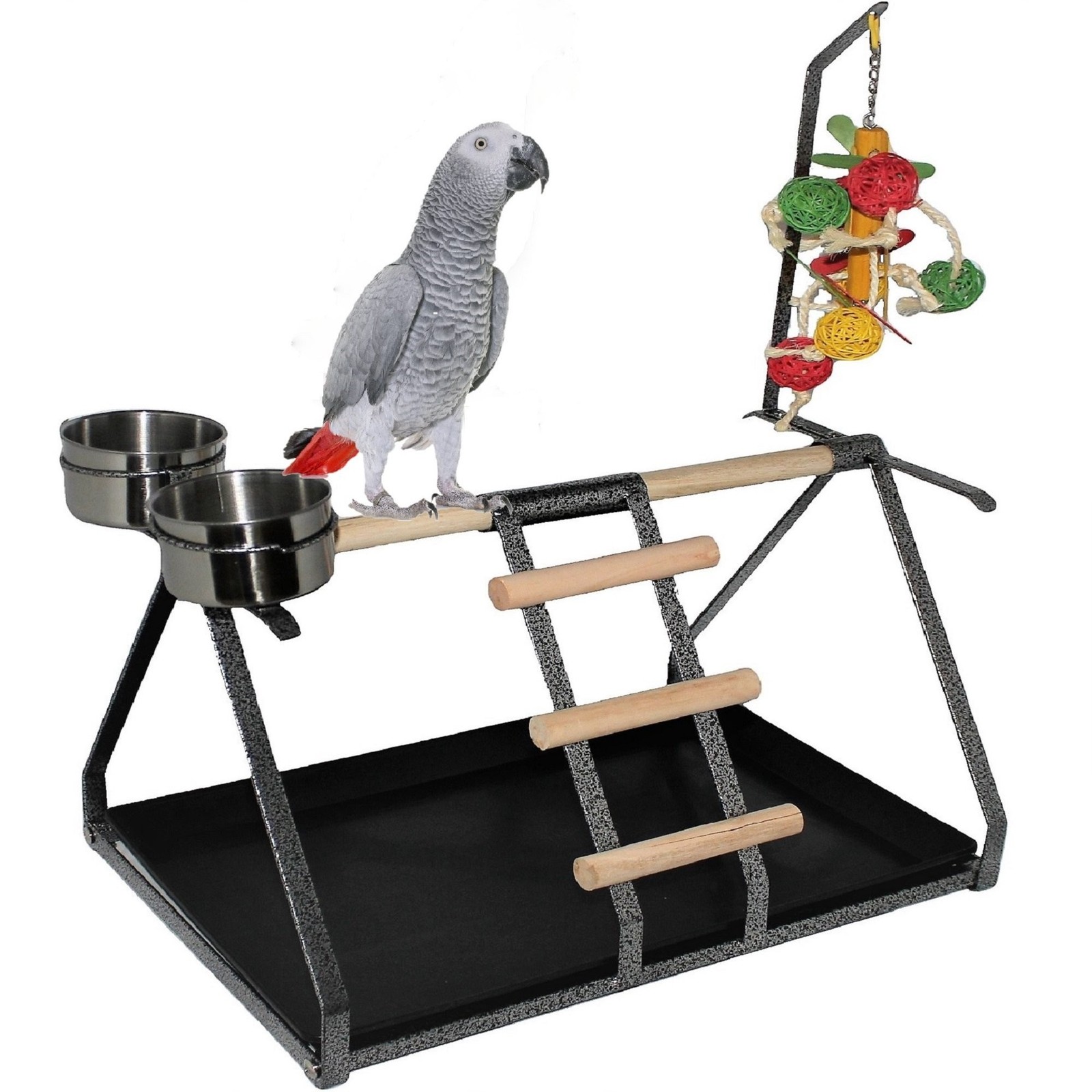 Parrot Bird Perch Table Top Stand Metal Wood 2 Steel Cups