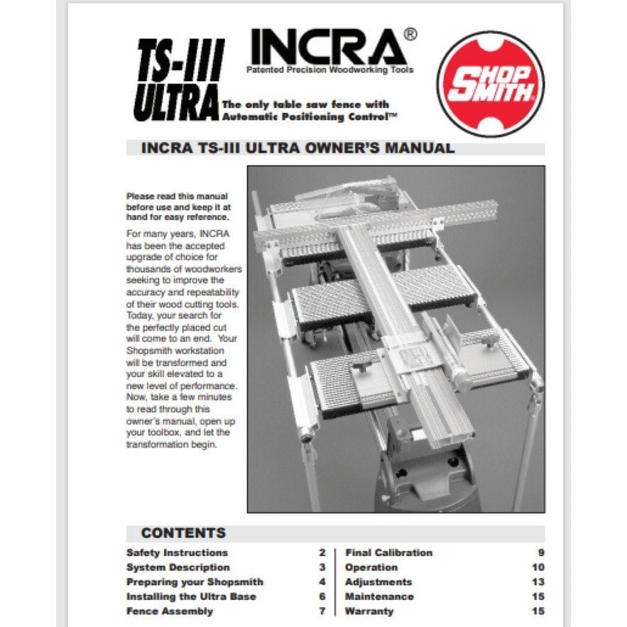 Shopsmith Incra TS-III Tablesaw Manual, 16 Pages, Comb Bound