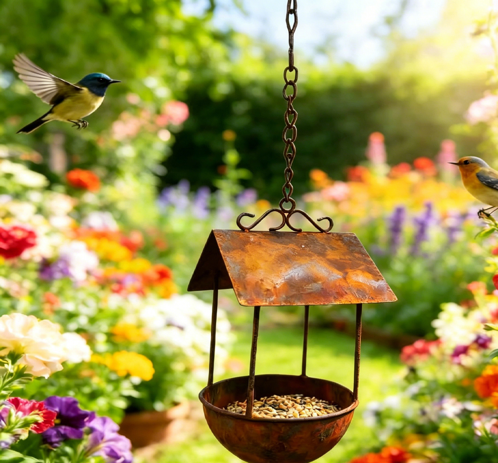 Rustic Hanging Birdhouse Bird Feeder Wrought Iron Yard Art D...