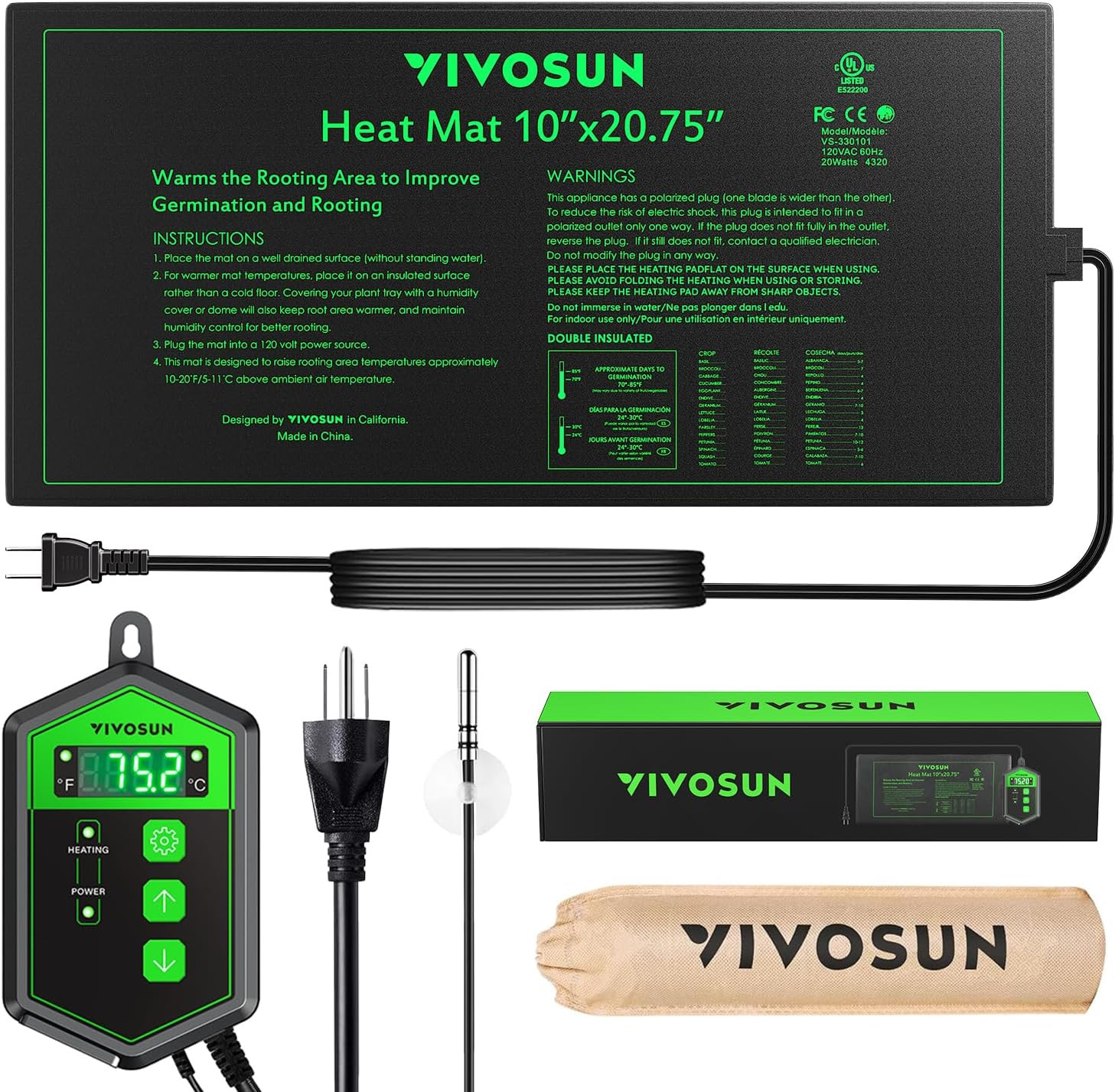 Seedling Heat Mat & Digital Thermostat Set - 10"x20.75" UL C...