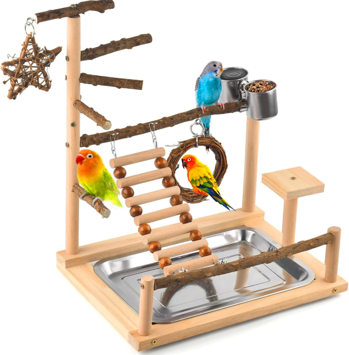 Bird Playground - Natural Wooden Perches, Ladder & Swing for...
