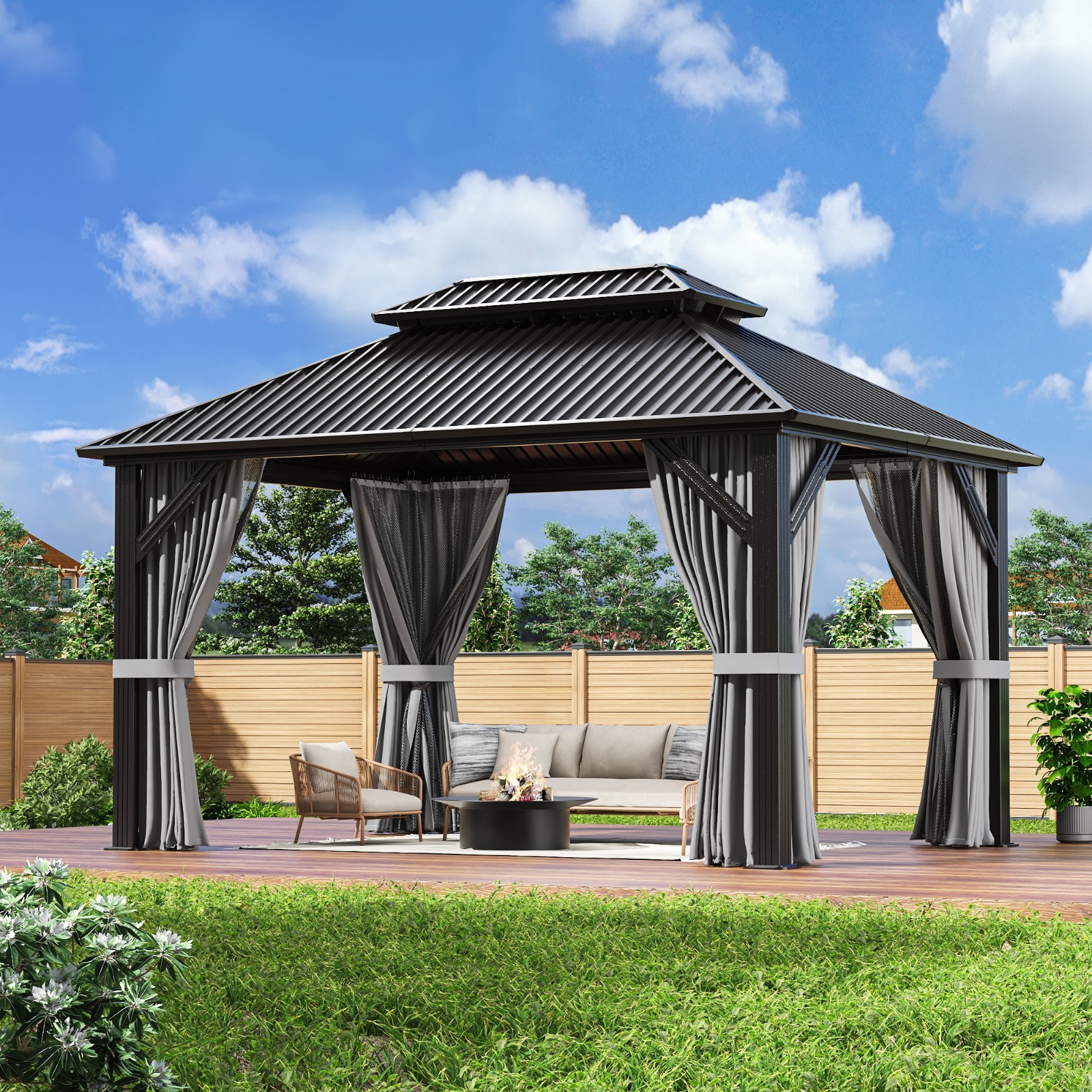 Steel Double Roof Gazebo Set - 10x12 ft with Nettings and Cu...