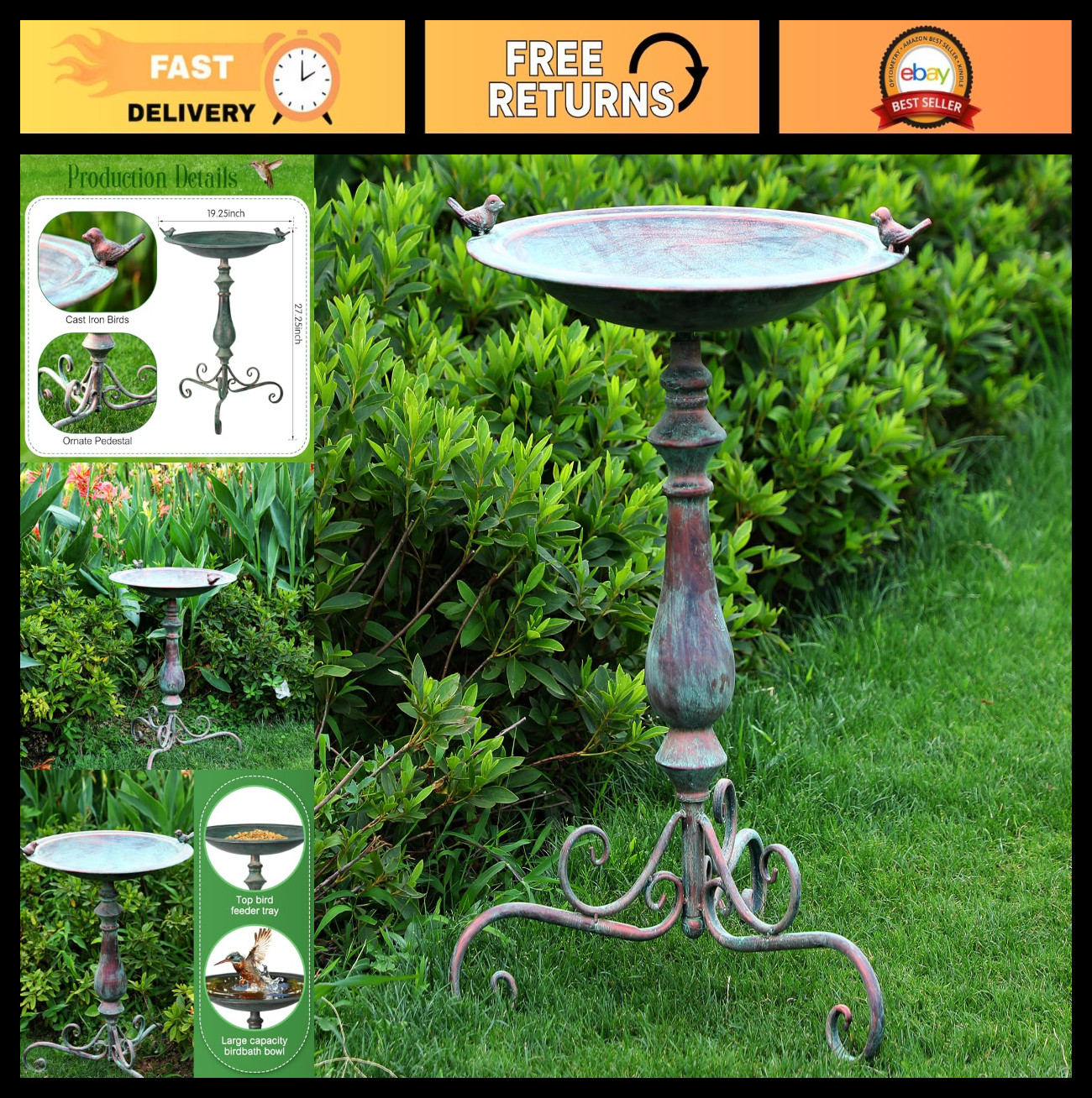 Ornate 27.25" Metal Pedestal Birdbath - Vintage Cast Iron Ou...