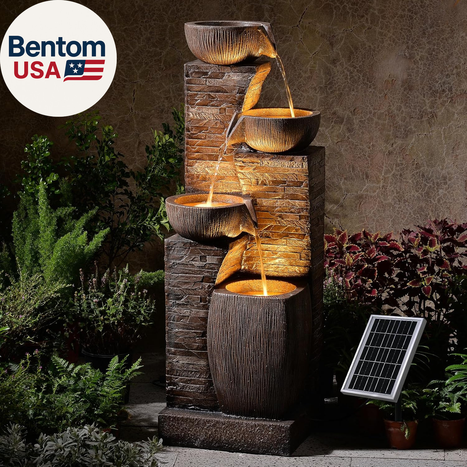 Modern Cascading Bow Solar Fountain, Outdoor Water Feature,...
