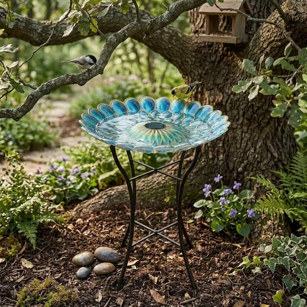 Solar Glass Mosaic Fusion Birdbath 18 In. with LED Lights an...