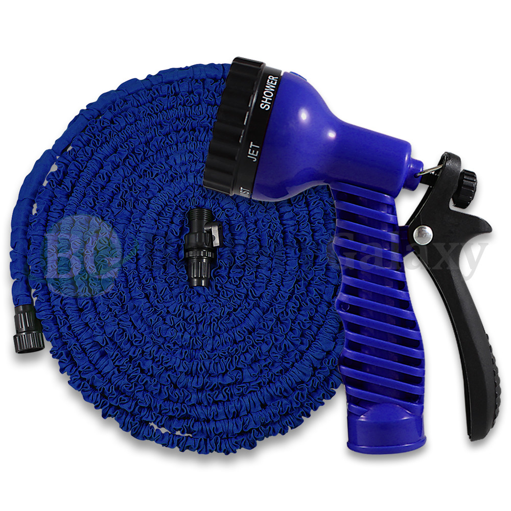 Expandable Blue Garden Water Hose & Spray Nozzle - 100 Feet