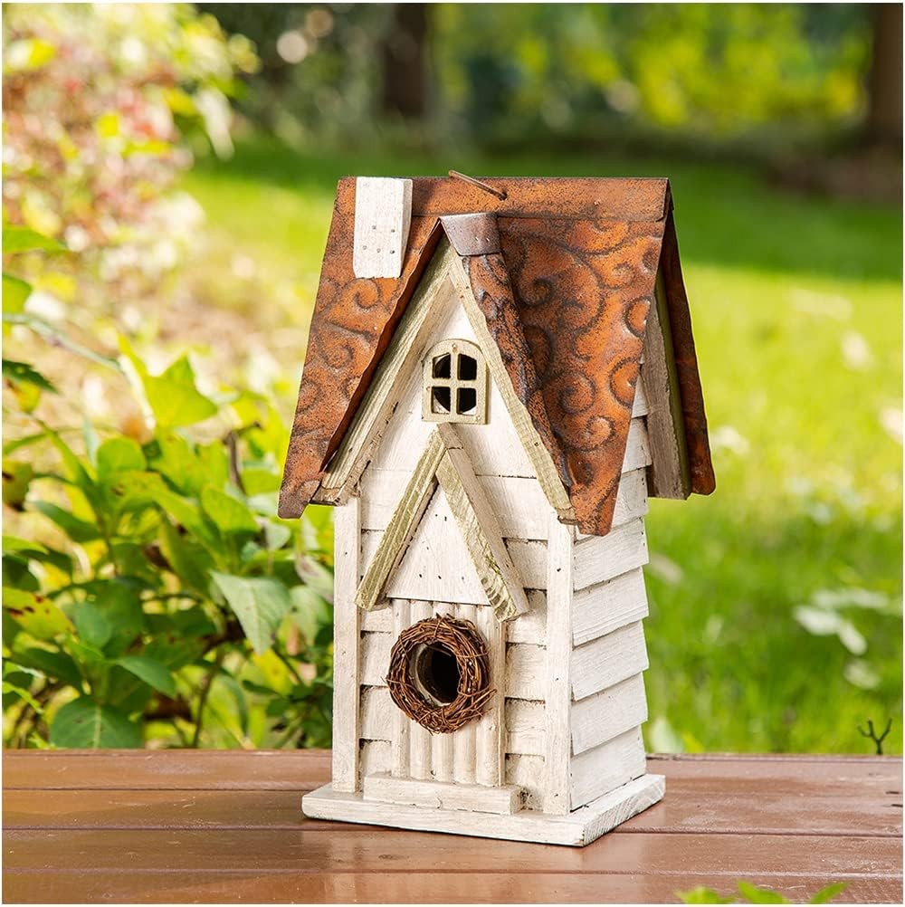 Washed White Distressed Solid Wood Cottage Birdhouse 12"